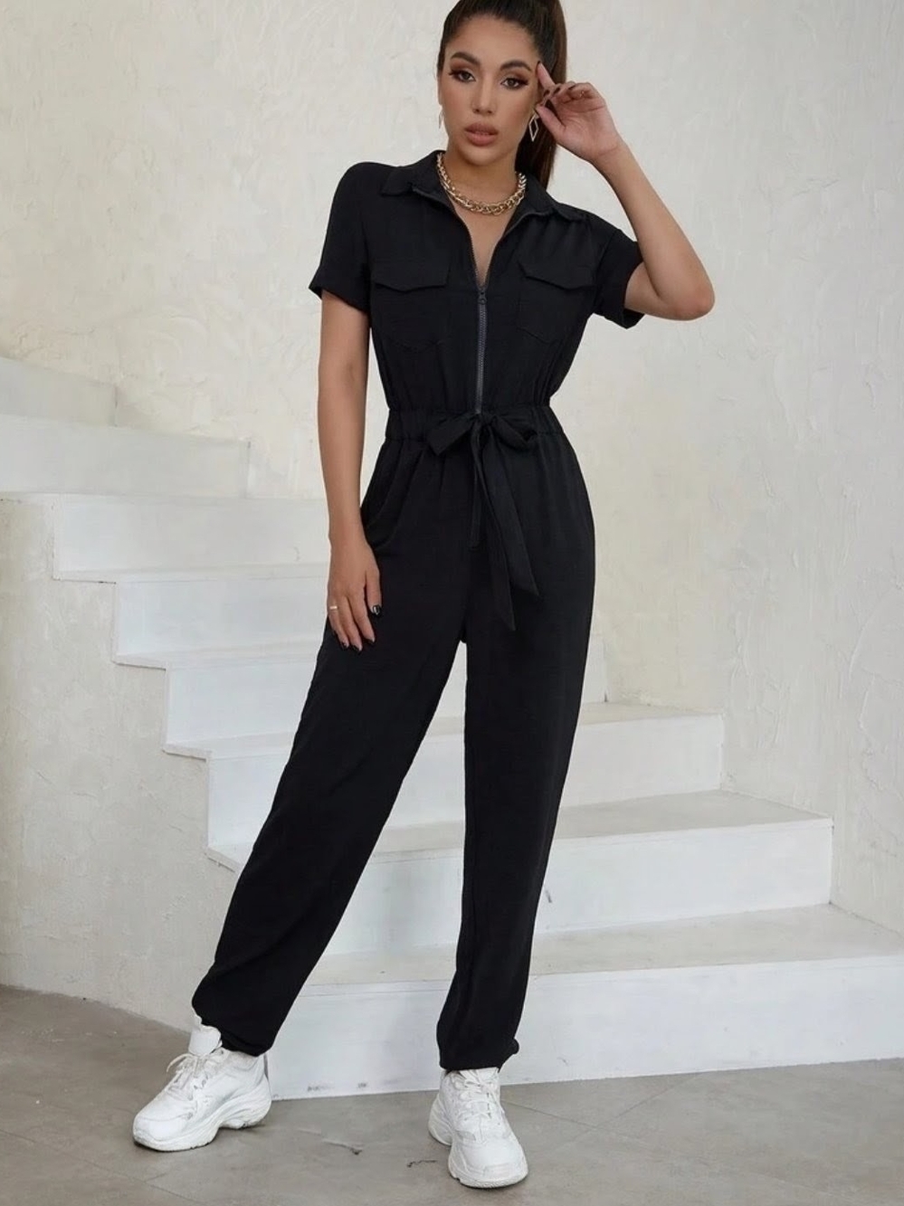 Classic Black Tie-Waist Jumpsuit